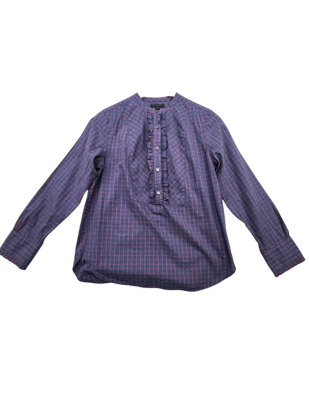 J. Crew Womens Plaid Long Sleeve Button Front Ruffle Popover Blouse Shirt Size 6